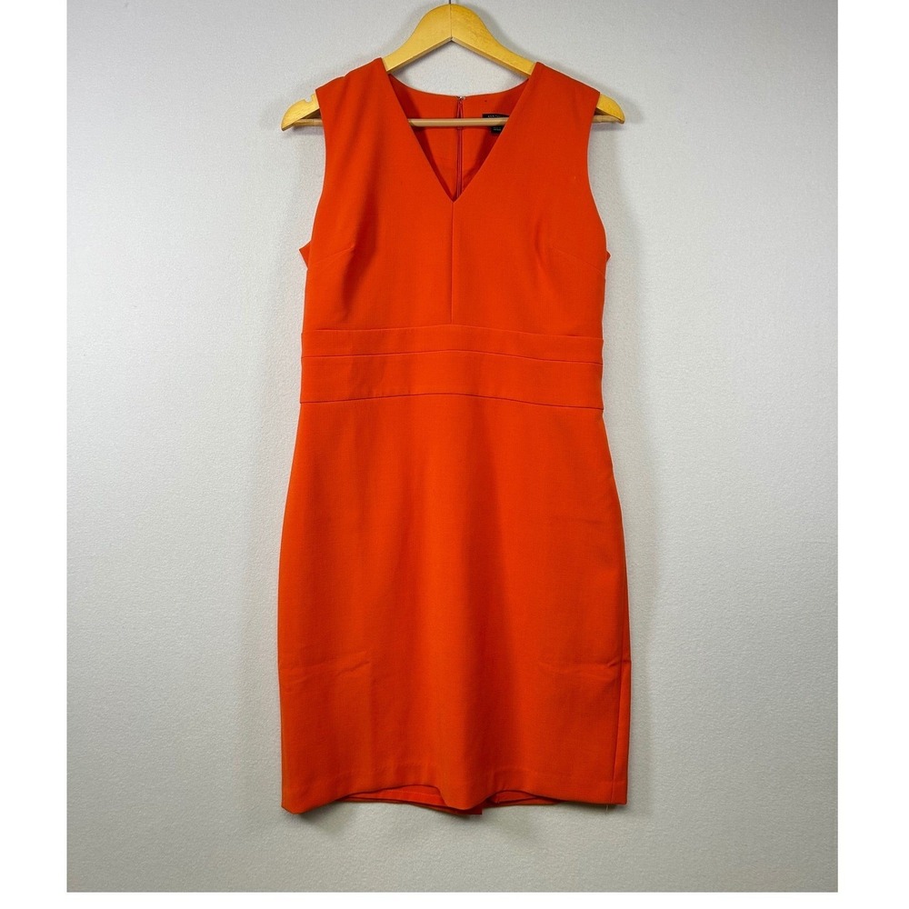 Ann Taylor Sheath Dress Women 8P Orange V-Neck Sleeveless Banded Waist Stretch